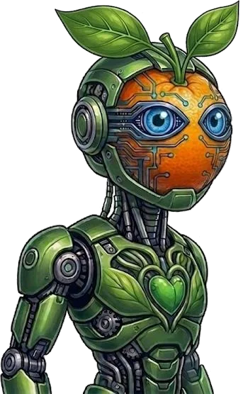 Pak-Bot mascot: a green robot with an orange fruit head, leaf sprouts and blue eyes, representing the Producepak AI assistant