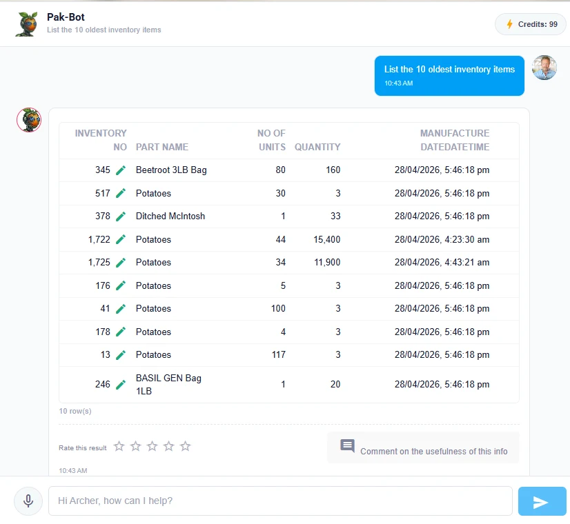 Pak-Bot answering 'List the 10 oldest inventory items' with a table of inventory numbers, part names, number of units, quantity and manufacture date and time